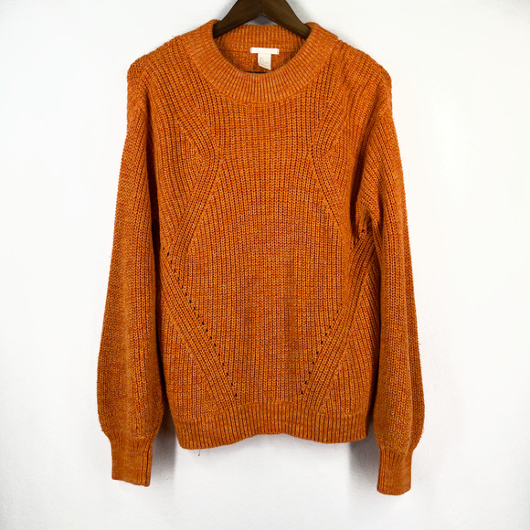 H&M Knitted Pullover Pumpkin Orange Ribbed Bishop Sleeve Chunky Size Large - Picture 1 of 5
